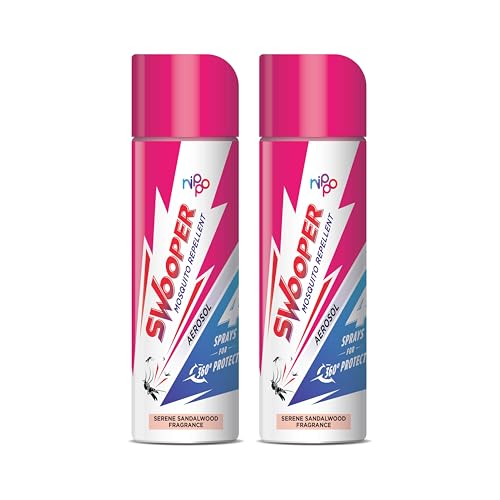 Nippo Swooper Aerosol | Instant Mosquito Repellent Spray| 4 Sprays- 360 Degree Mosquito Protection |Serene Sandalwood Fragrance | Pack of 2-32g(50ml) Each