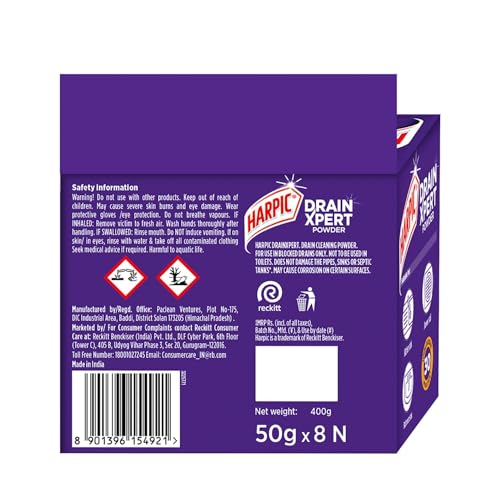 Harpic Toilet Cleaner Original, 1 L + Bathroom Cleaner Lemon - 1 L + Drain Xpert Drain Cleaning Powder (50g x 8)