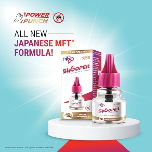 Nippo Swooper Liquid Vaporizer I Mosquito Repellent Pack of 4 (45ml) with 2 AAA Batteries Free I Sandalwood Fragrance I Japanese MFT Formula I Kills Dengue, Malaria & Chikungunya Mosquitoes