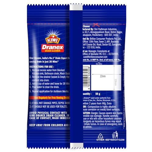 Kiwi Mr. Muscle Kiwi Dranex Drain Cleaner Powder, 50g | Removes Clogs, Blockages in Washbasin, Septic Tank, Sinks, Pipes in Just 30 Minutes