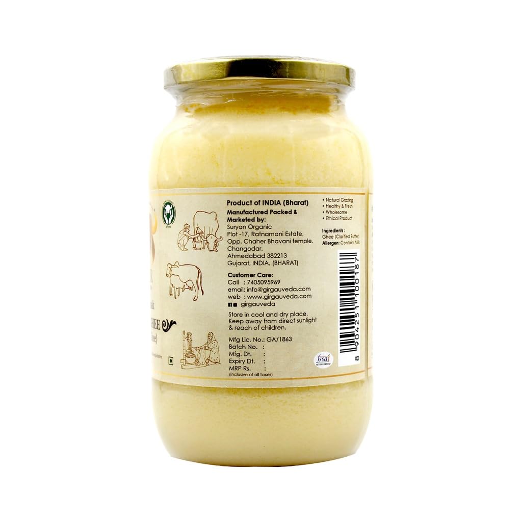 Gir Ahinsak Gau Ghee – Vedic, Ethical, Desi Pure Breed Gir Gaumata (A2), Bilona, Grass-Fed, non-GMO – Good for Health, 1 liter