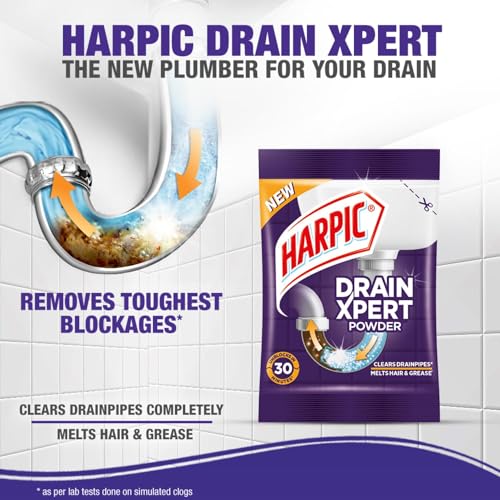 Harpic Toilet Cleaner Original, 1 L + Bathroom Cleaner Lemon - 1 L + Drain Xpert Drain Cleaning Powder (50g x 8)