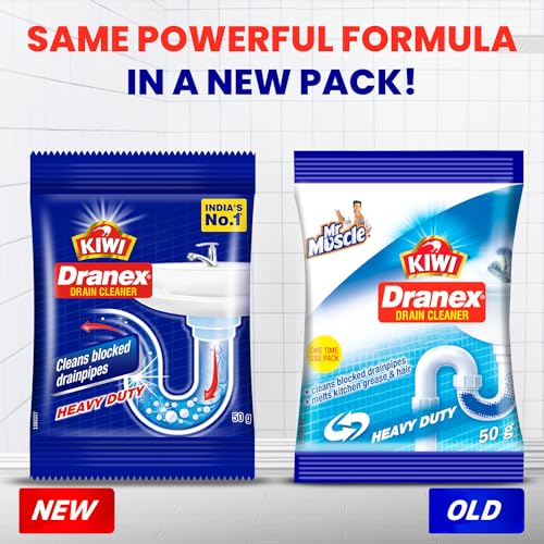 Kiwi Mr. Muscle Kiwi Dranex Drain Cleaner Powder, 50g | Removes Clogs, Blockages in Washbasin, Septic Tank, Sinks, Pipes in Just 30 Minutes