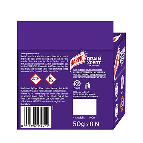 Harpic Disinfectant Bathroom Cleaner Liquid, Lemon - 1L (Pack of 2) + Harpic Drain Xpert Drain Cleaning Powder (50g x 8)