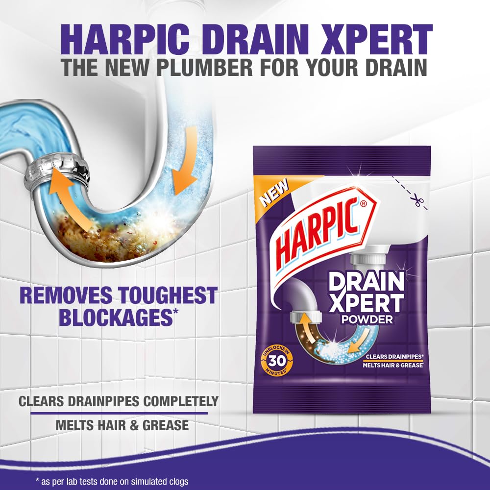 Harpic DrainXpert Drain Cleaning Powder (50g x 8) | Removes Blockages in Pipes, Sinks & Septic Tanks| Works within 30 minutes | Melts Grease & Dissolves Hair (Pack of 2)