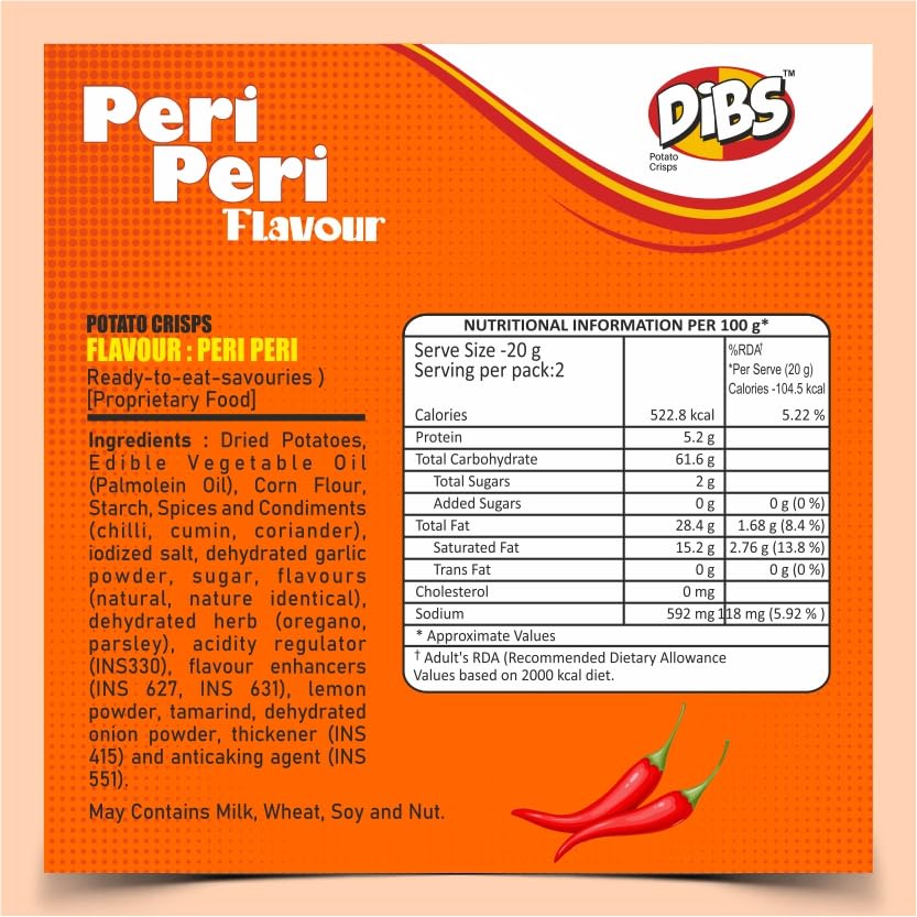 Dibs stacks (Pack of 6, 45 GM Each) Peri Peri Potato Crisps Chips On the Go Adventure, Crunchy Healthy and Tasty Chips, Snacks Chips