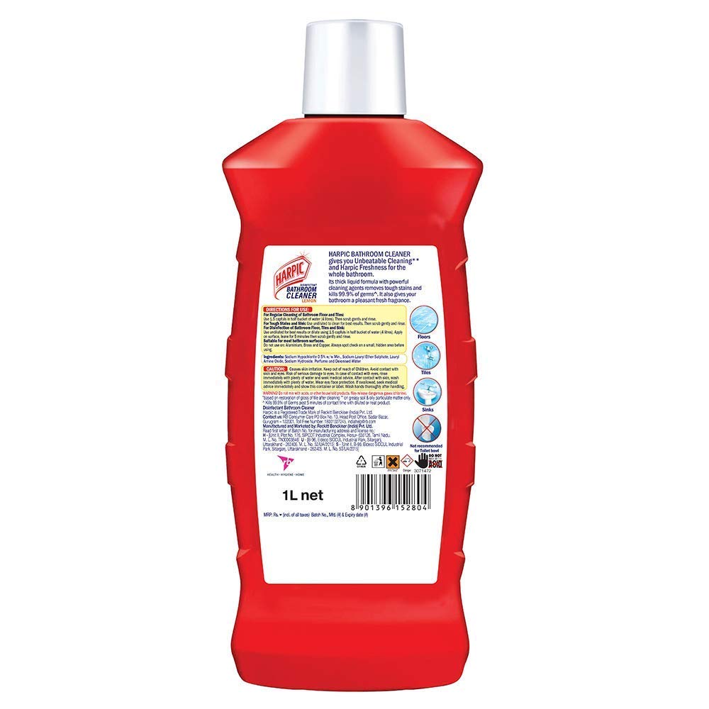 Harpic Bathroom Cleaner Liquid, Lemon - 1 Litre | New Thicker Bathroom Floor Cleaner | Red Harpic Bottle