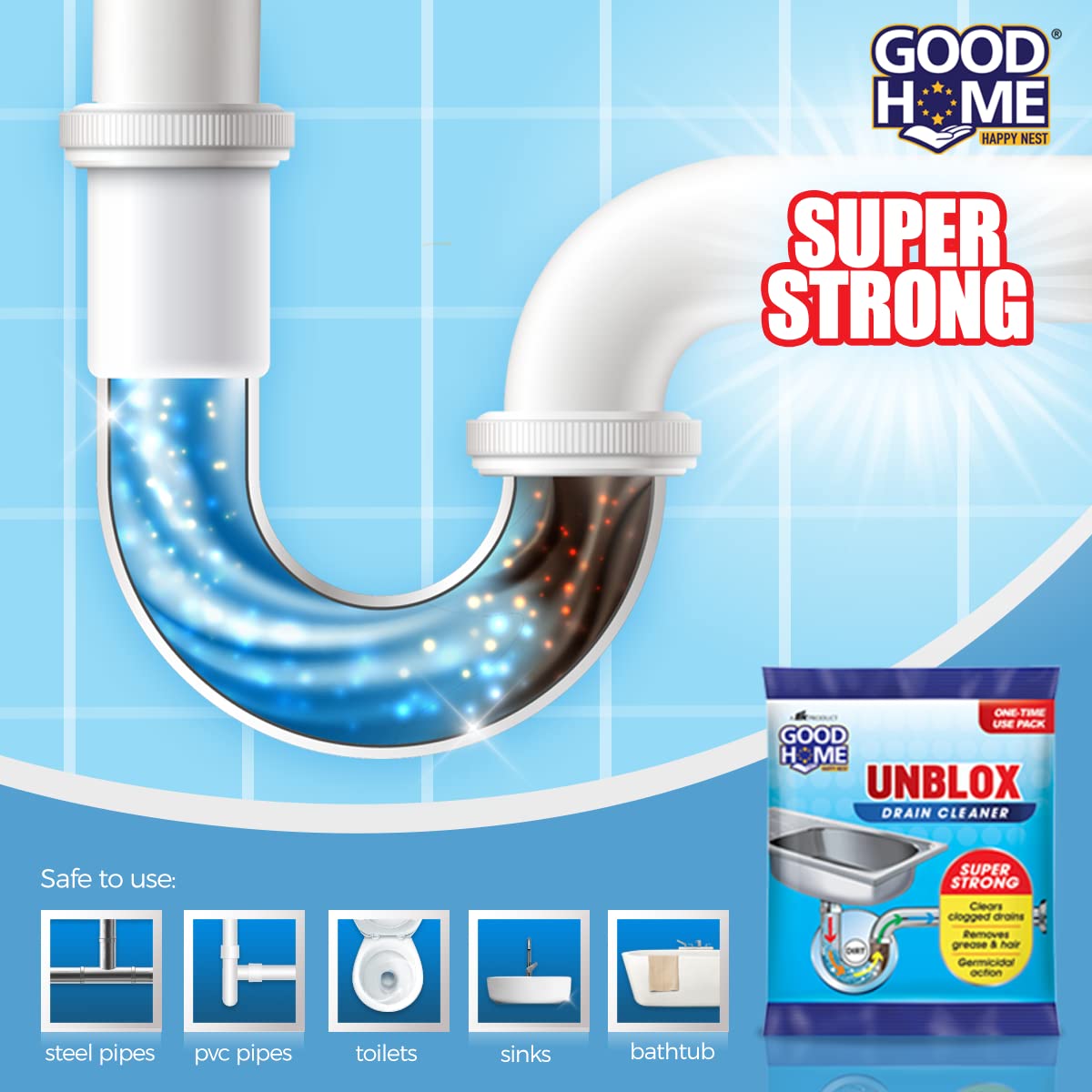 Good Home Unblox Drain Cleaner Effective Sink Cleaner, Drain Blockage Remover, Drain Pipe Cleaner(Pack of 10)