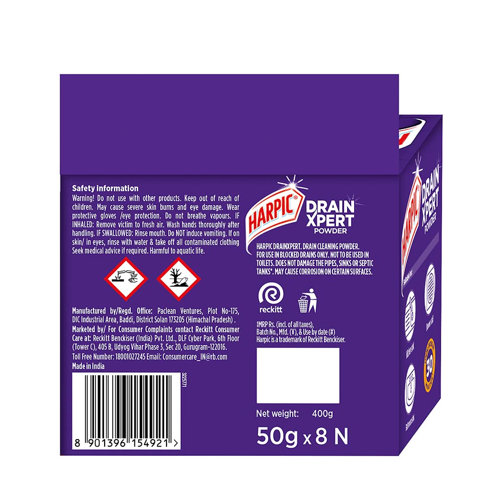 Harpic DrainXpert Drain Cleaning Powder (50g x 8) | Removes Blockages in Pipes, Sinks & Septic Tanks| Works within 30 minutes | Melts Grease & Dissolves Hair (Pack of 2)