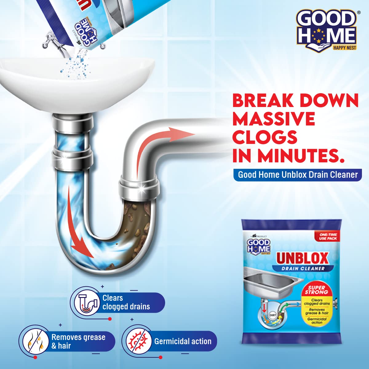 Good Home Unblox Drain Cleaner Effective Sink Cleaner, Drain Blockage Remover, Drain Pipe Cleaner(Pack of 10)