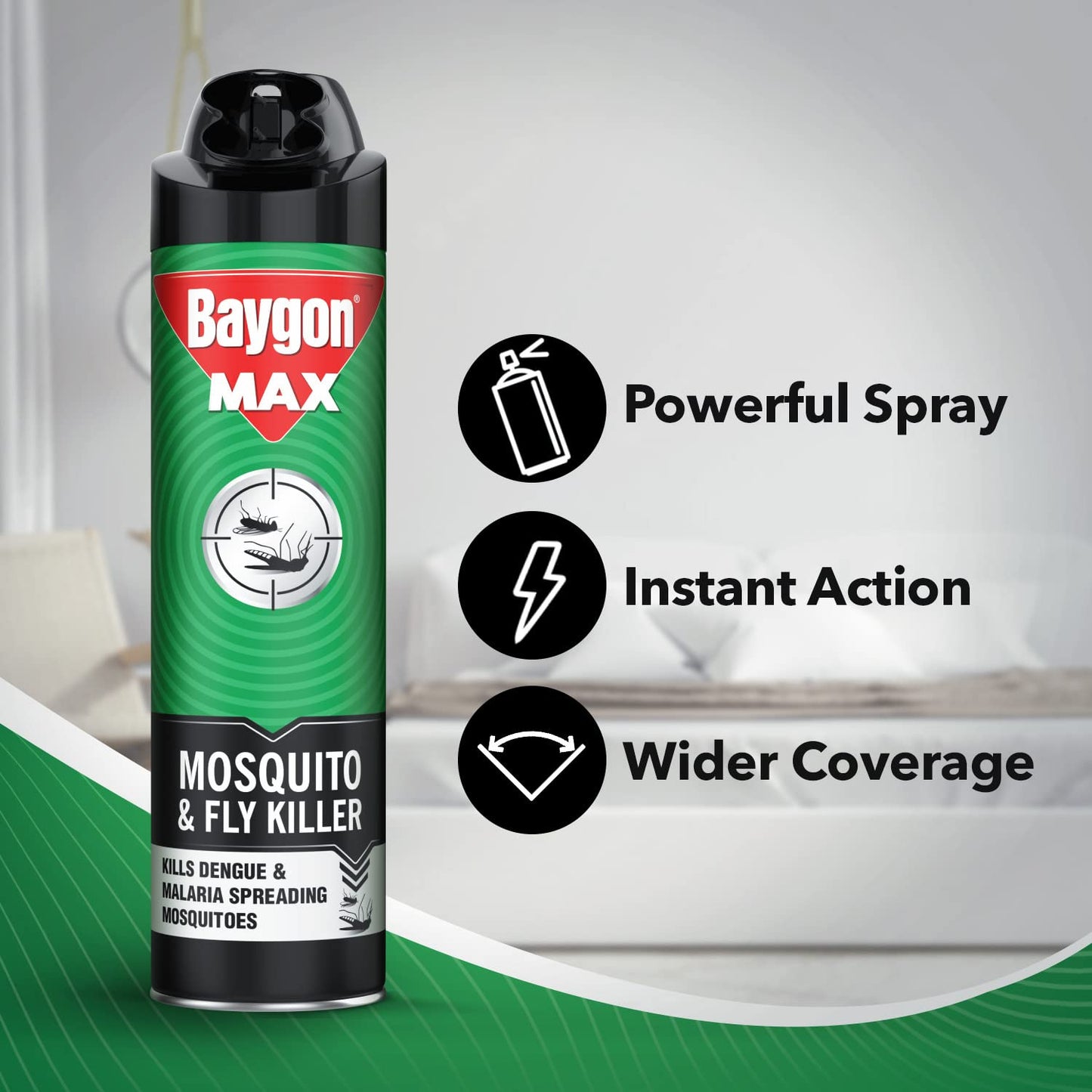 Baygon Max Mosquito and Fly Killer Spray, 625ml | Instant Mosquito Killer | Kills Dengue & Malaria Spreading Mosquitoes | With Double Nozzle Technology for 30% Wider Coverage