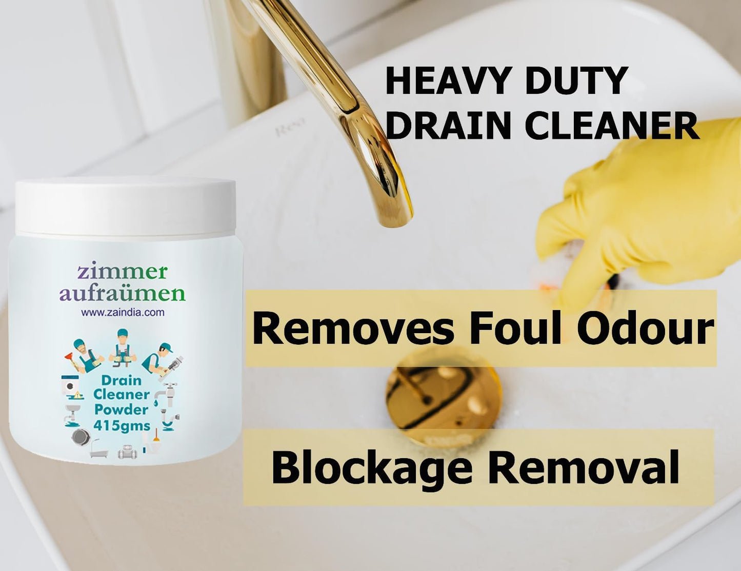Zimmer Aufraumen 450gms Heavy Duty Drain Cleaner & Blockage Opener Powder. Opens Clogs. Dissolves Hair, Accumulated Soap Scum & Dirt. Biodegradable. Economical.