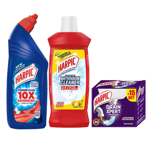Harpic Toilet Cleaner Original, 1 L + Bathroom Cleaner Lemon - 1 L + Drain Xpert Drain Cleaning Powder (50g x 8)