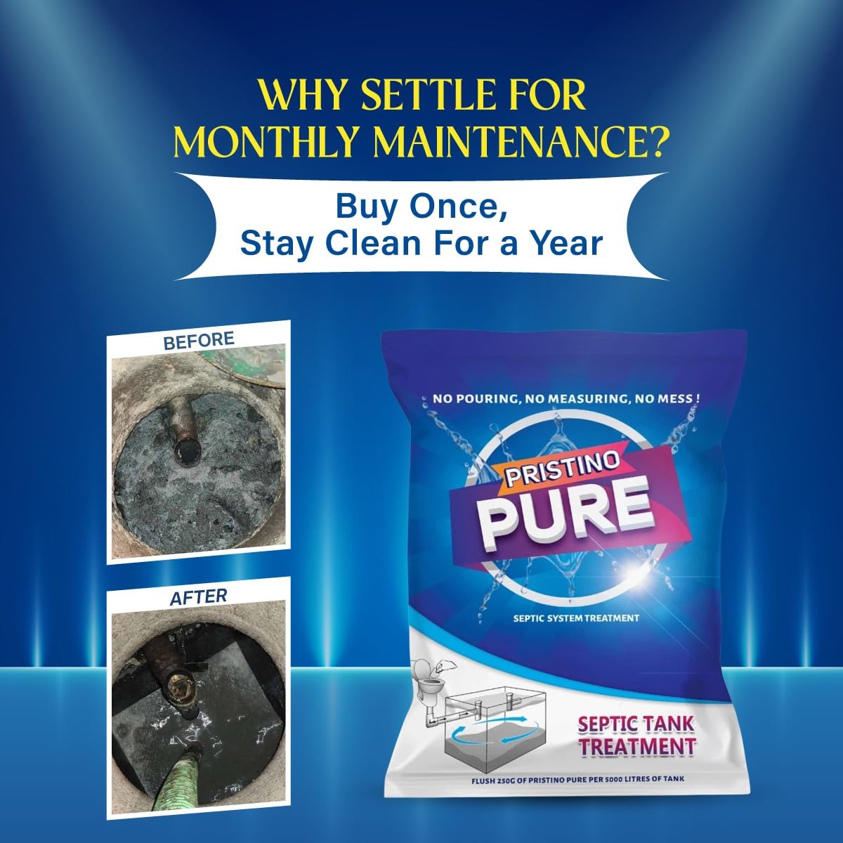 Pristino Pure Septic Tank Cleaner - 500gm | One pack for one-year maintenance| Clears Drains, Prevents Blockages, and Keeps Your Drain System Fresh and Clean!