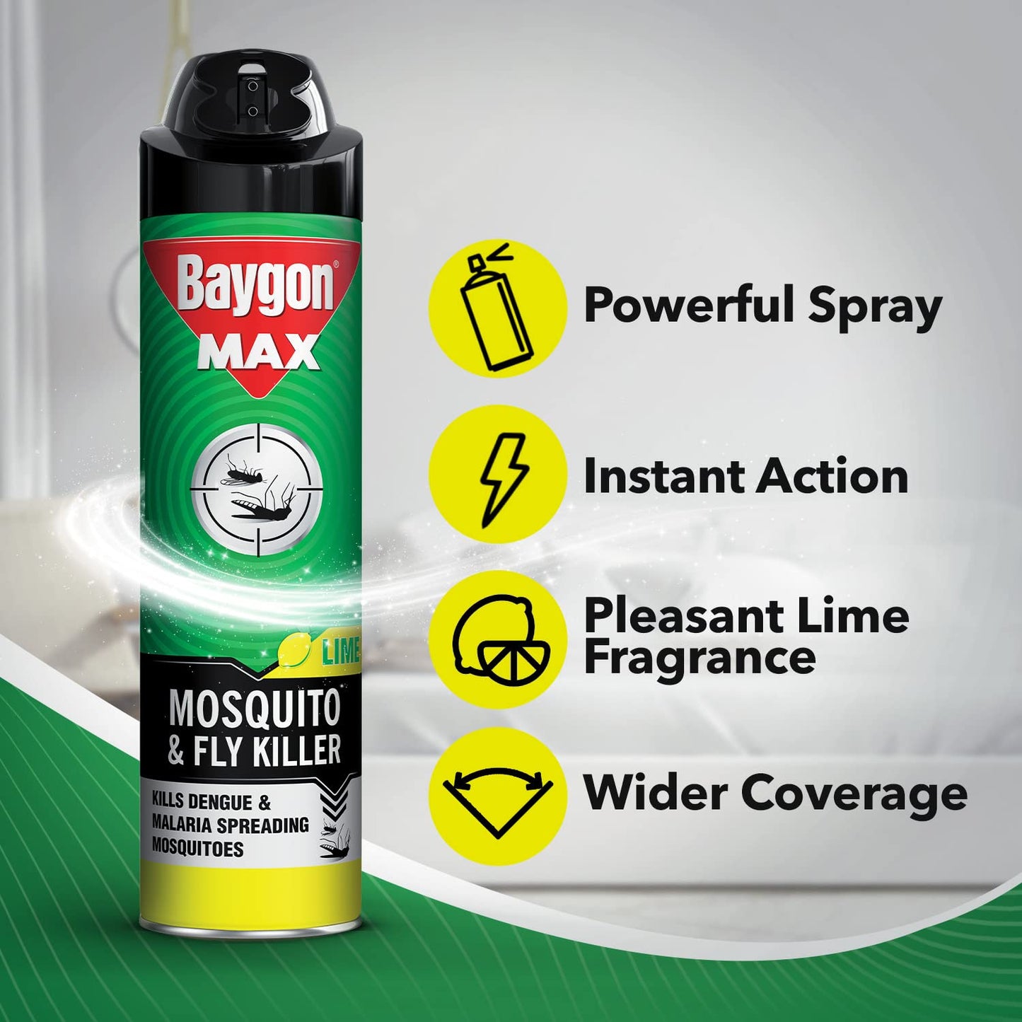 Baygon Max Mosquito and Fly Killer Spray, 625ml | Lime Fragrance | Instant Mosquito Repellent | Kills Dengue & Malaria Spreading Mosquitoes | With Double Nozzle Technology for 30% Wider Coverage