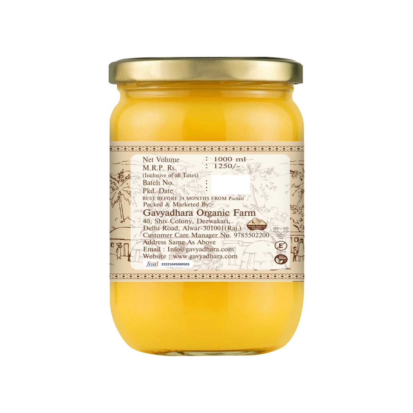 Gavyadhara A2 Desi Cow Ghee | Traditionally Made | 1Ltr Glass Jar