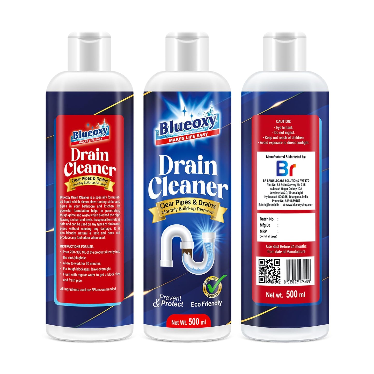 Blueoxy Drain Clog Remover Liquid | Used for Shower & Sink Drains & Pipes | Pure Gel Based | 500 Ml | Pack of 1