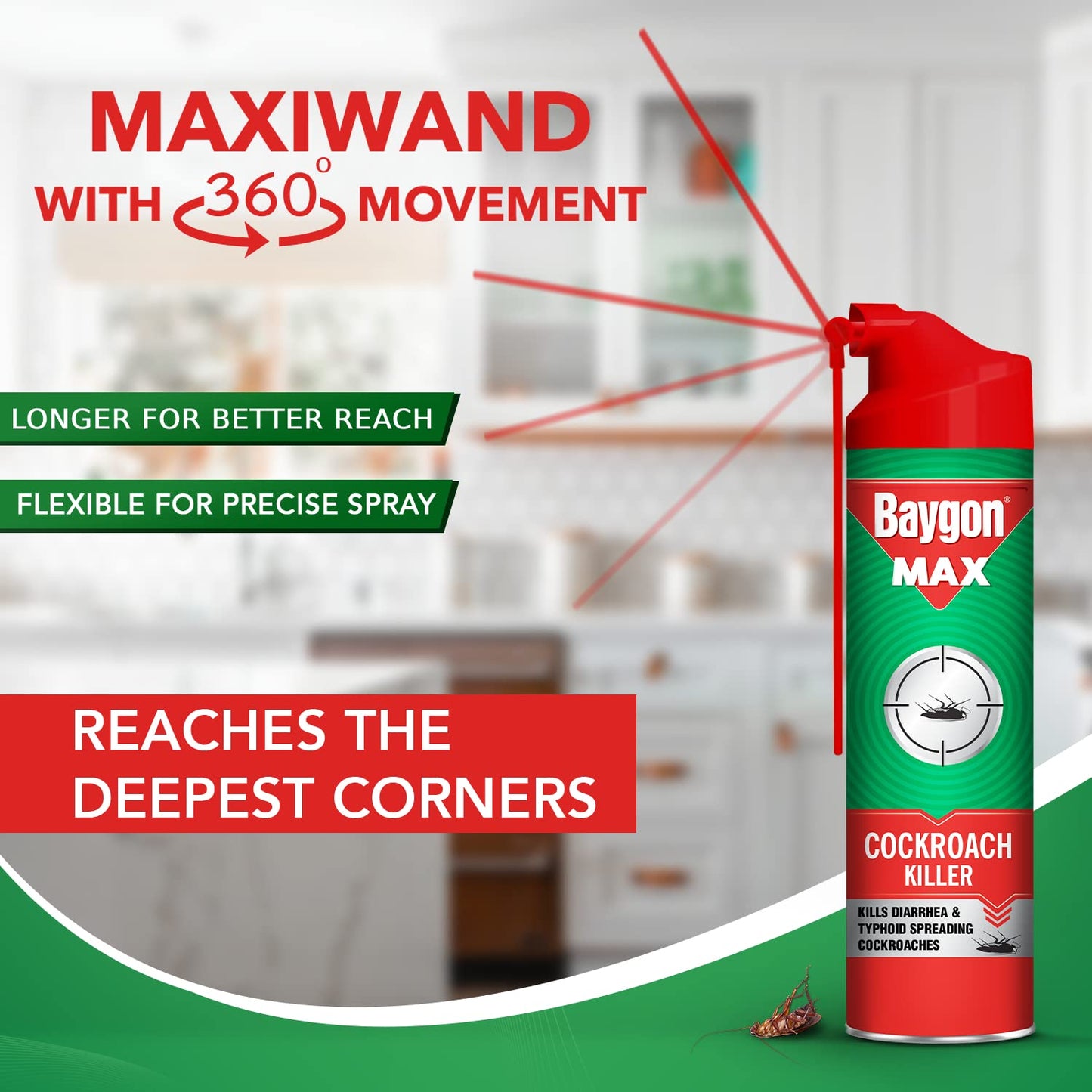 Baygon Max Cockroach Killer Spray, 625ml | Kills Diarrhea and Typhoid Spreading Cockroaches | 360 Degree Deep-Reach MaxiWand | Lasts Up To 4 Weeks