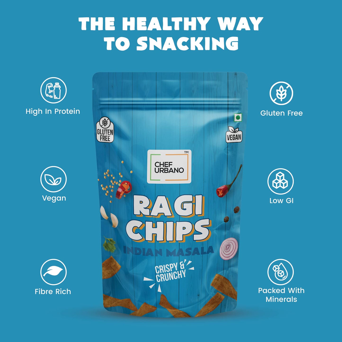 15x Chef Urbano Ragi Chips Indian Masala 85g each - Pack of 15