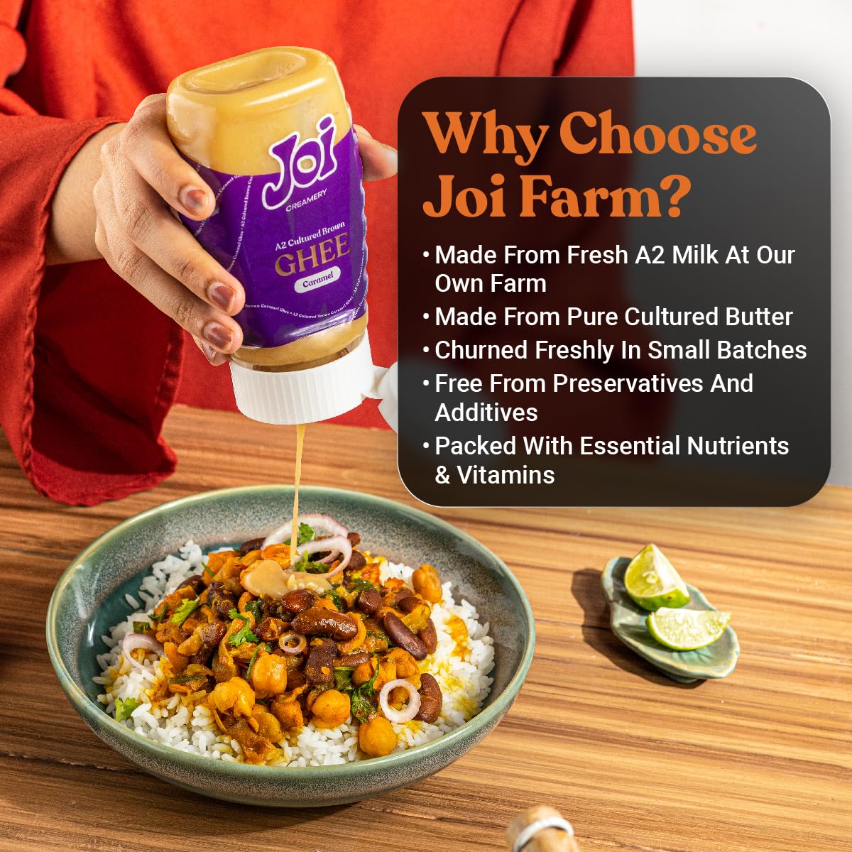 JOI Farm Caramel Cultured A2 Cow Desi Ghee 200 Ml X 1 (Brown Ghee) | Authentic Bengali Ghee | Pure Gawa Ghee | Certified and Farm-made (200 Ml)