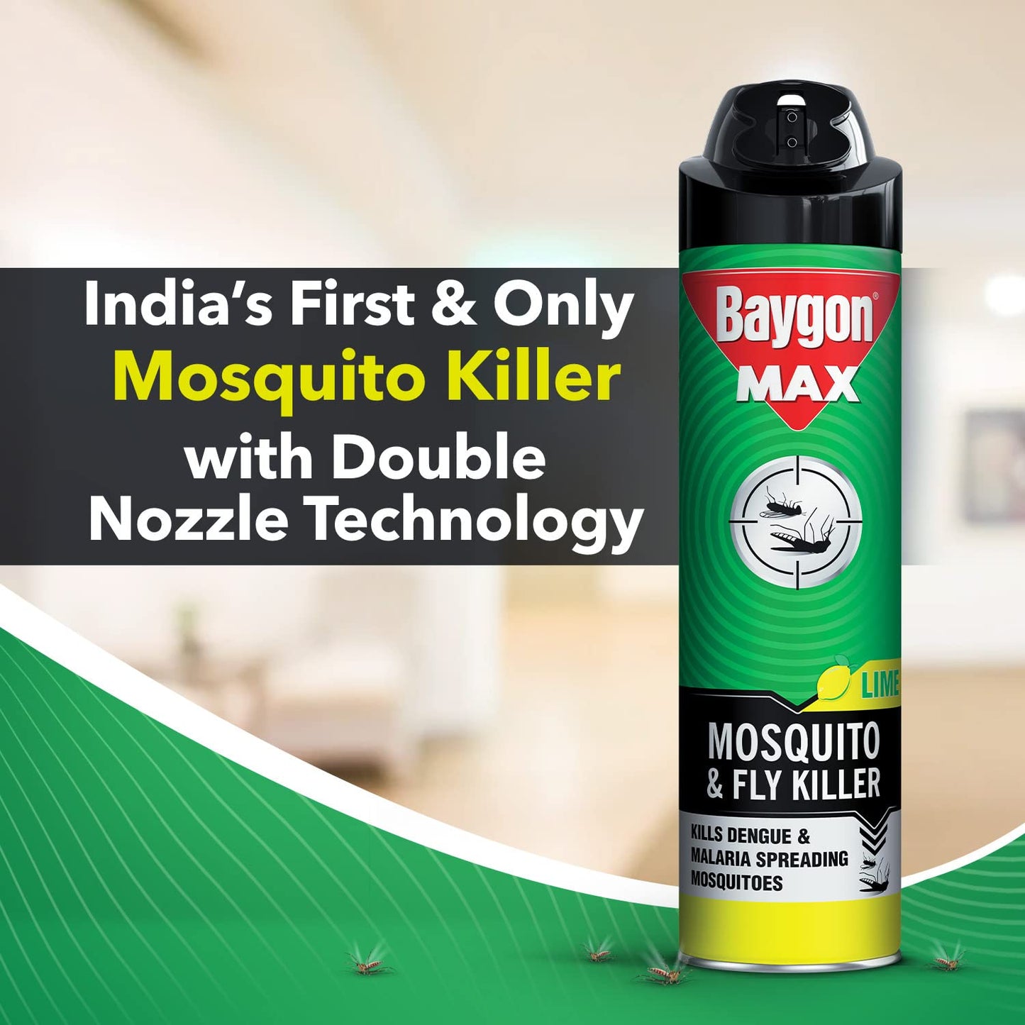 Baygon Max Mosquito and Fly Killer Spray, 625ml | Lime Fragrance | Instant Mosquito Repellent | Kills Dengue & Malaria Spreading Mosquitoes | With Double Nozzle Technology for 30% Wider Coverage