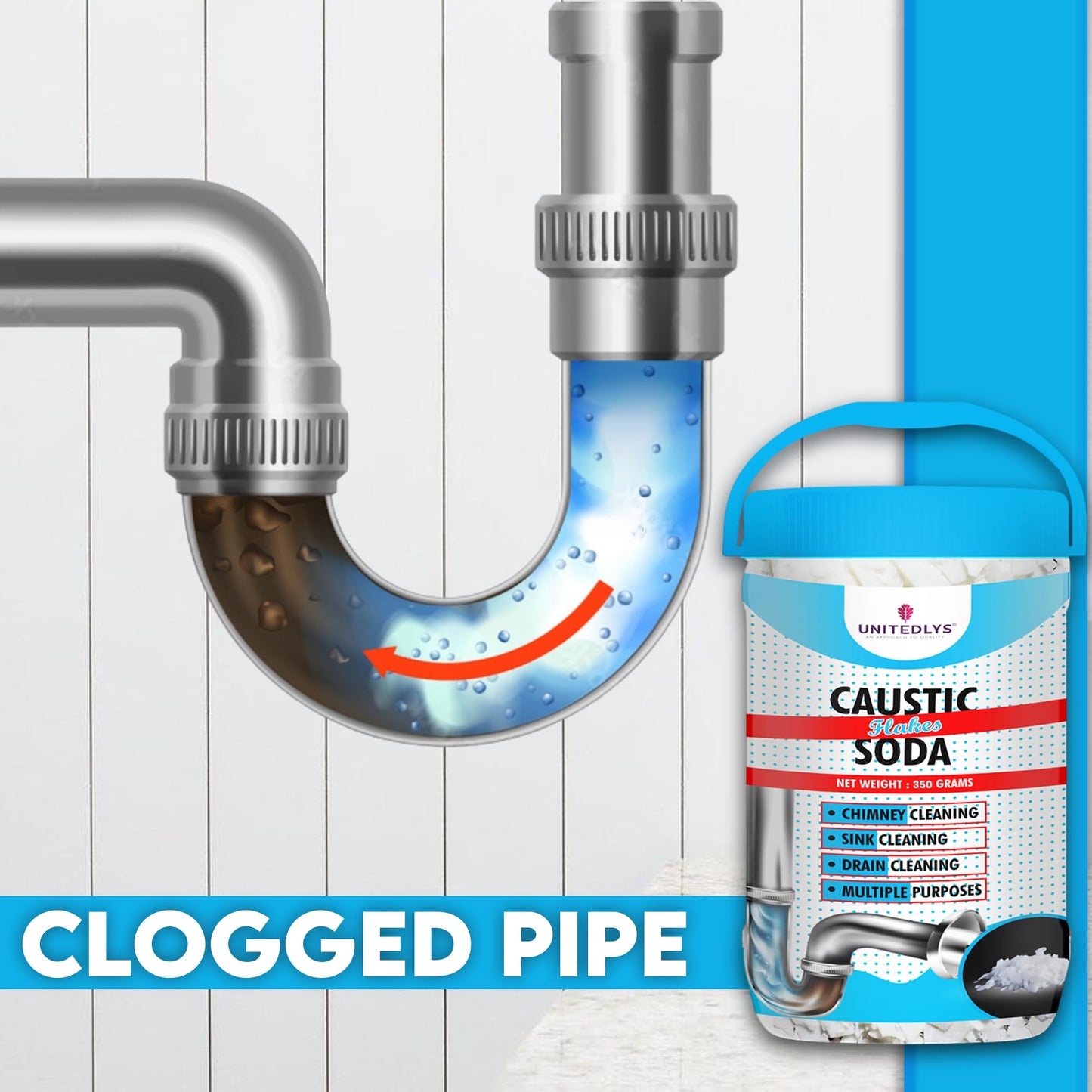 Unitedlys® Caustic Soda Drainage Block Remover 350G | Fast-Acting, Non-Toxic & Odorless Drain Cleaner Powder | Caustic Soda for Drain Cleaning | Sink Cleaner, Drain Pipe Cleaner & Drainage Cleaner