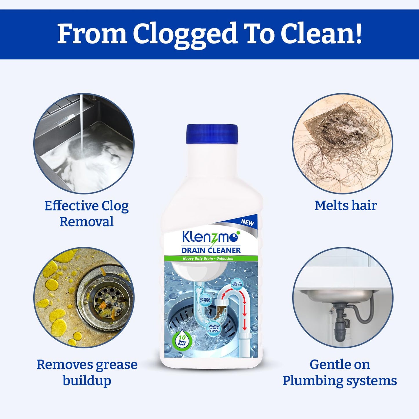 Klenzmo Drain Cleaner Liquid 400ml | Removes Blockages in Pipes, Sinks & Septic Tanks| Melts Grease & Dissolves Hair (Pack of 2)