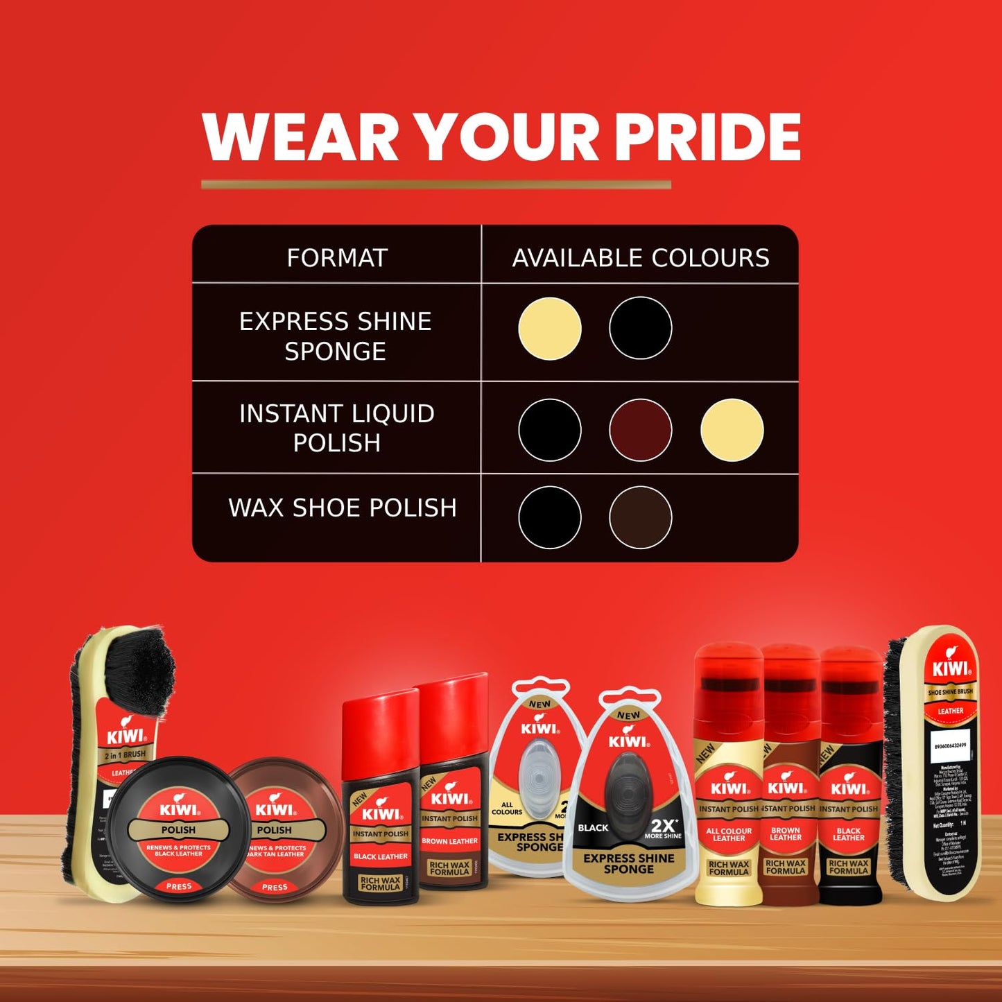 4x KIWI Shoe Brush Multicolour, Wood Shine - Pack of 4