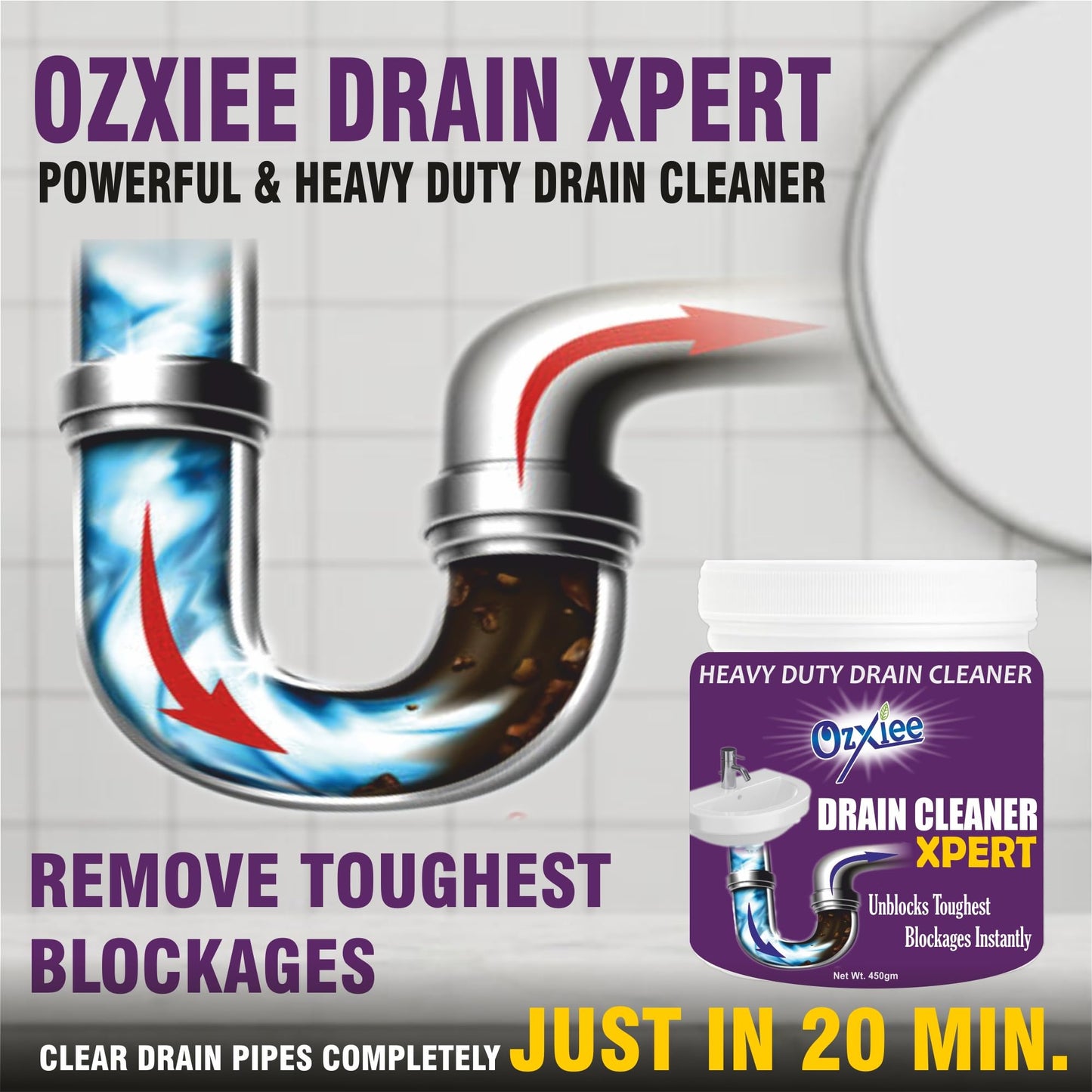 Ozxiee heavy duty Drain cleaner (450g Pack of 4) Instant Blockage opener to clear Clogged Drains sink pipe