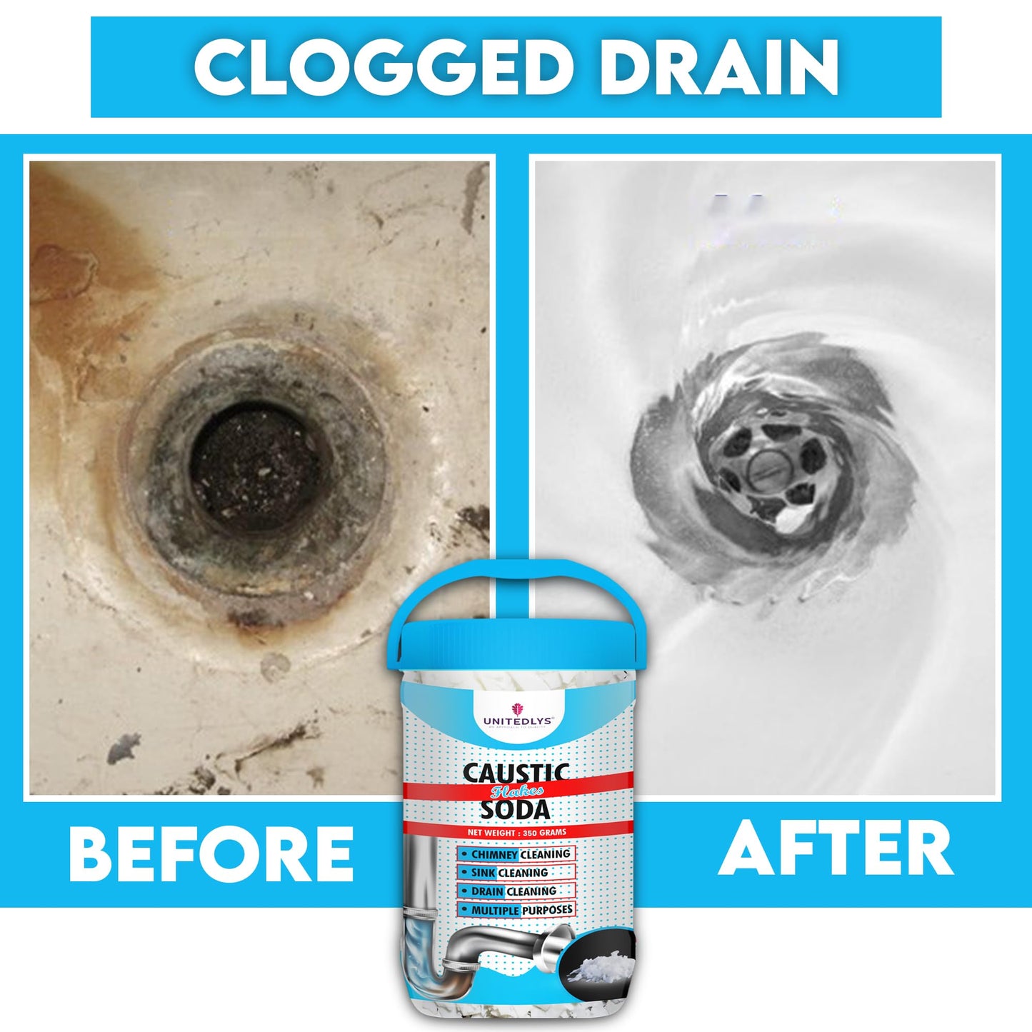 Unitedlys® Caustic Soda Drainage Block Remover 350G | Fast-Acting, Non-Toxic & Odorless Drain Cleaner Powder | Caustic Soda for Drain Cleaning | Sink Cleaner, Drain Pipe Cleaner & Drainage Cleaner