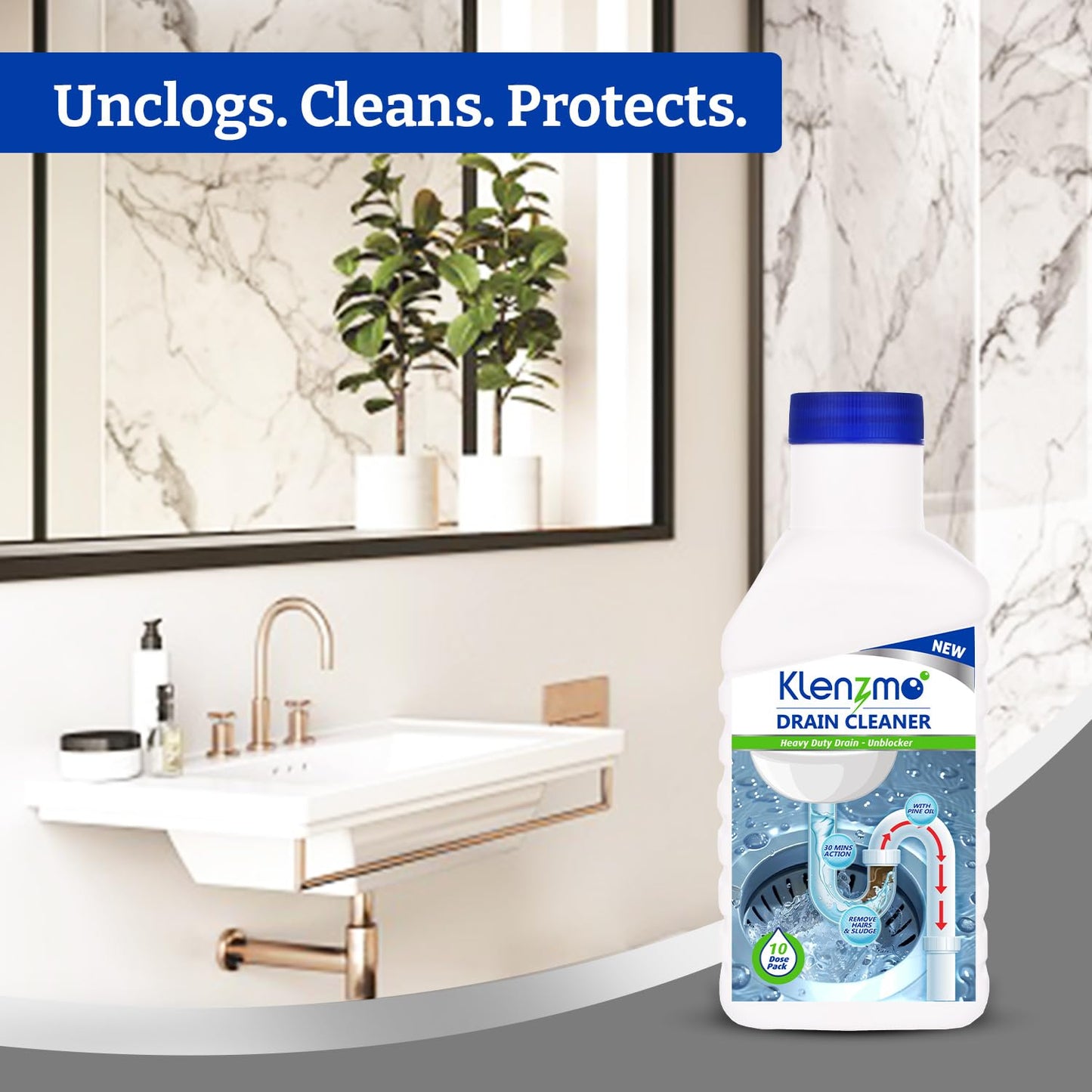 Klenzmo Drain Cleaner Liquid 400ml | Removes Blockages in Pipes, Sinks & Septic Tanks| Melts Grease & Dissolves Hair (Pack of 2)