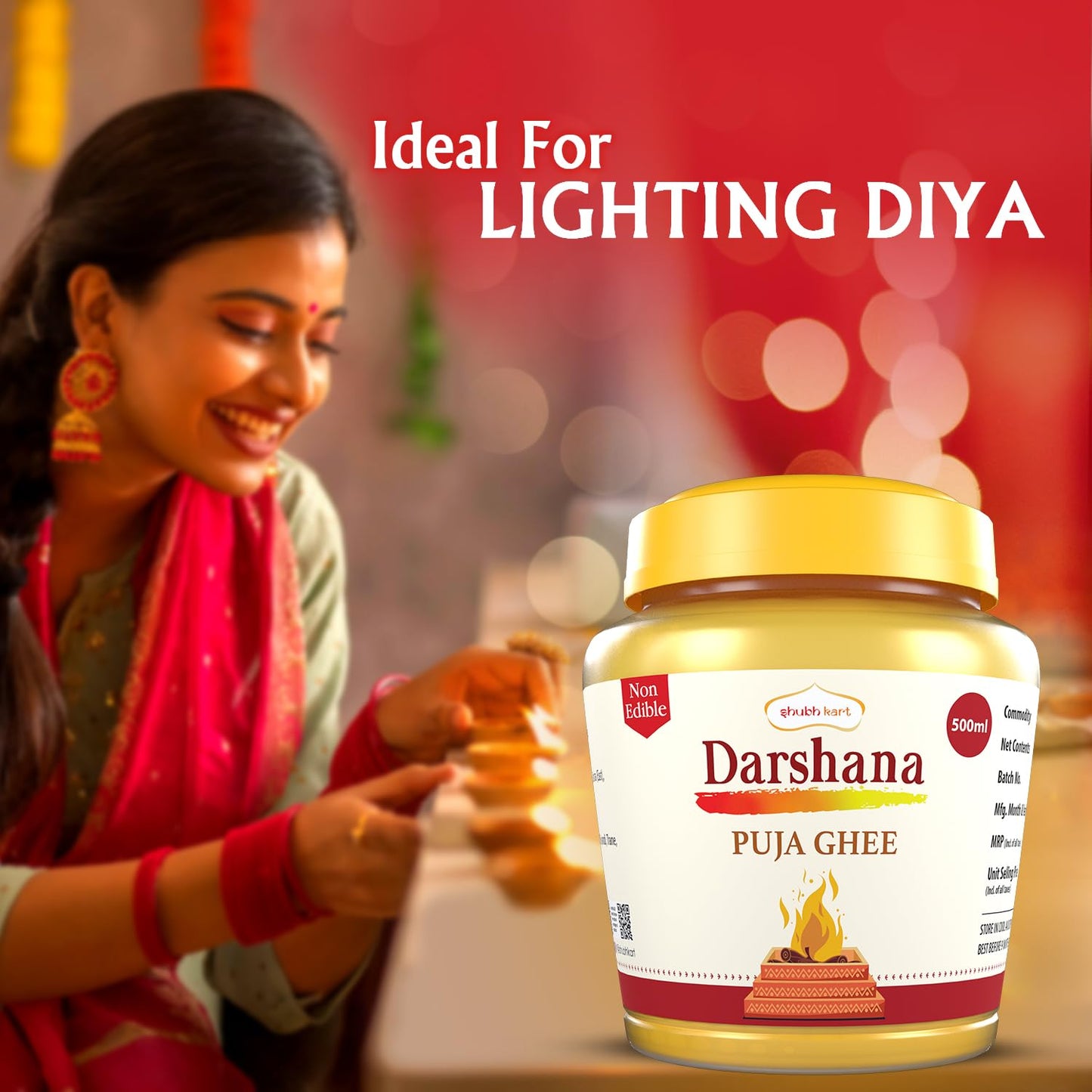Shubhkart Darshana Puja Ghee - 500 ML for Daily Puja, Festivals| Puja Deepam Oil (Ghee for Pooja) Puja Ghee for Diya or lamp and Wicks or Batti | Rich in Aroma - 500ml Jar Pack | Non-Edible