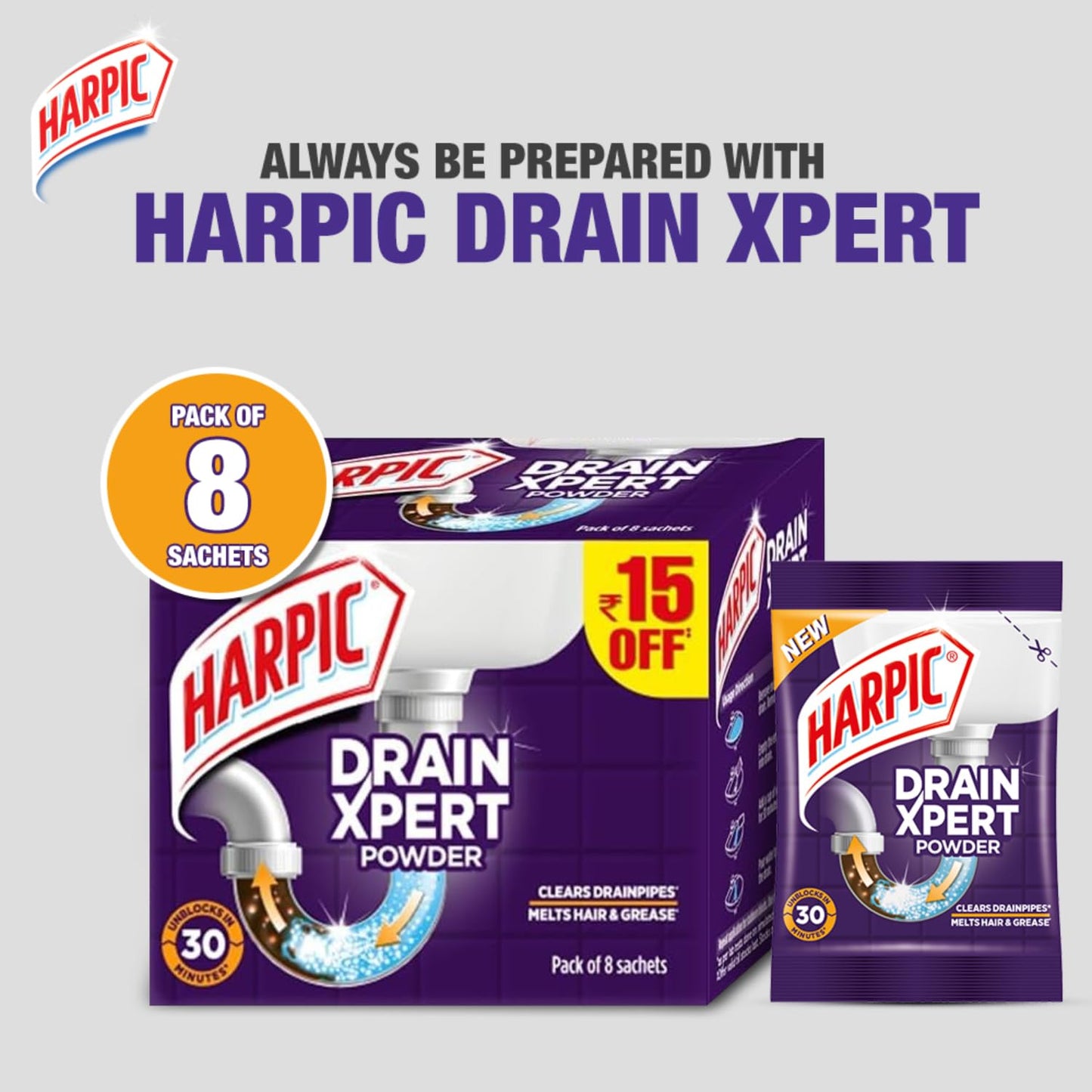 Harpic (50g x 8), DrainXpert Drain Cleaner Powder | Effective Sink Cleaner, Drain Blockage Remover, Drain Pipe Cleaner