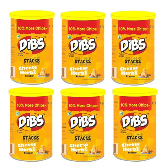 Dibs stacks (Pack of 6, 45 GM Each) Cheese & Herbs Potato Crisps Chips On the Go Adventure, Crunchy Healthy and Tasty Chips, Snacks Chips