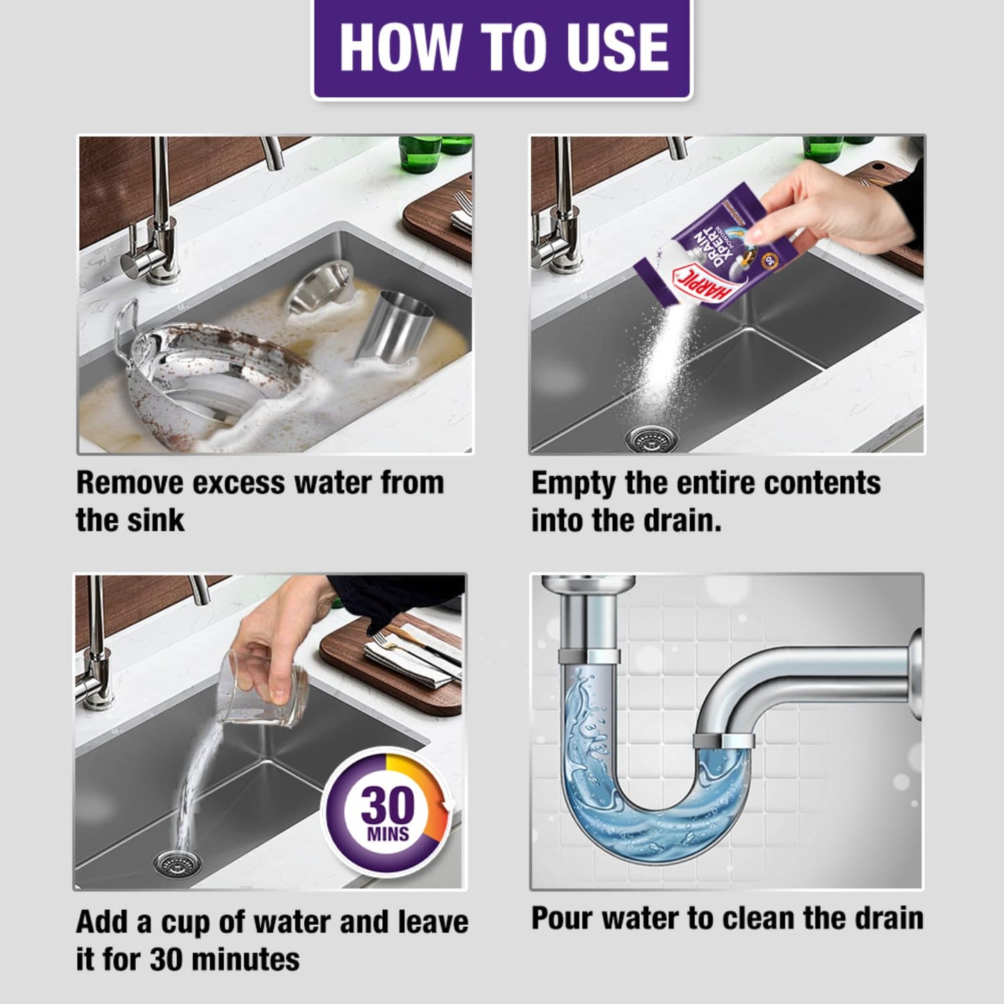 Harpic (50g x 8), DrainXpert Drain Cleaner Powder | Effective Sink Cleaner, Drain Blockage Remover, Drain Pipe Cleaner