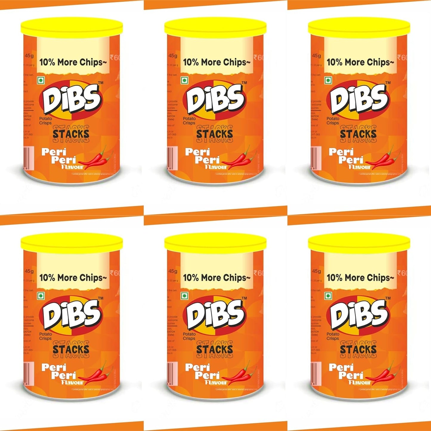 Dibs stacks (Pack of 6, 45 GM Each) Peri Peri Potato Crisps Chips On the Go Adventure, Crunchy Healthy and Tasty Chips, Snacks Chips