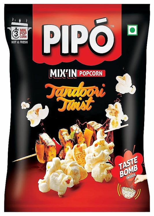 50x PIPO Mix'in Instant Popcorn with Taste Bomb, Tandoori Twist Pouch, Pack of 50 - 60g each