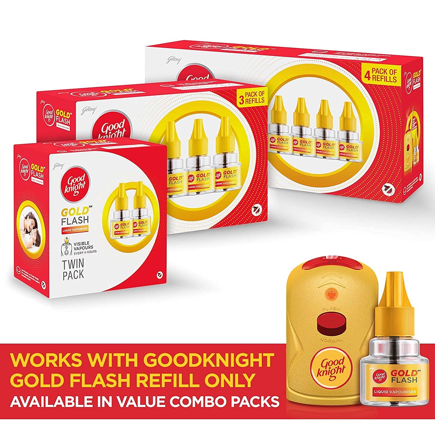 Good knight Gold Flash Liquid Vapourizer | Mosquito Repellent Combo Pack | Machine + Pack of 2 Refills (45ml Each)