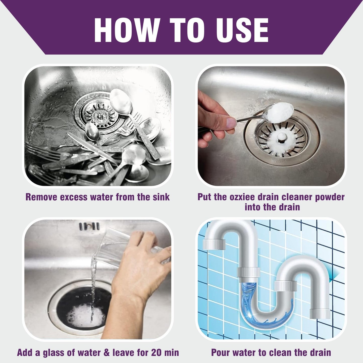 Ozxiee heavy duty Drain cleaner (450g Pack of 4) Instant Blockage opener to clear Clogged Drains sink pipe