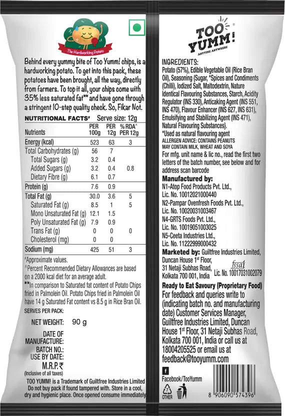 25x Too Yumm! Bhoot Potato Chips - Bhut Jolokia Chillies Flavour, Created With Naagin Hot Sauce, 90 g - Pack of 25