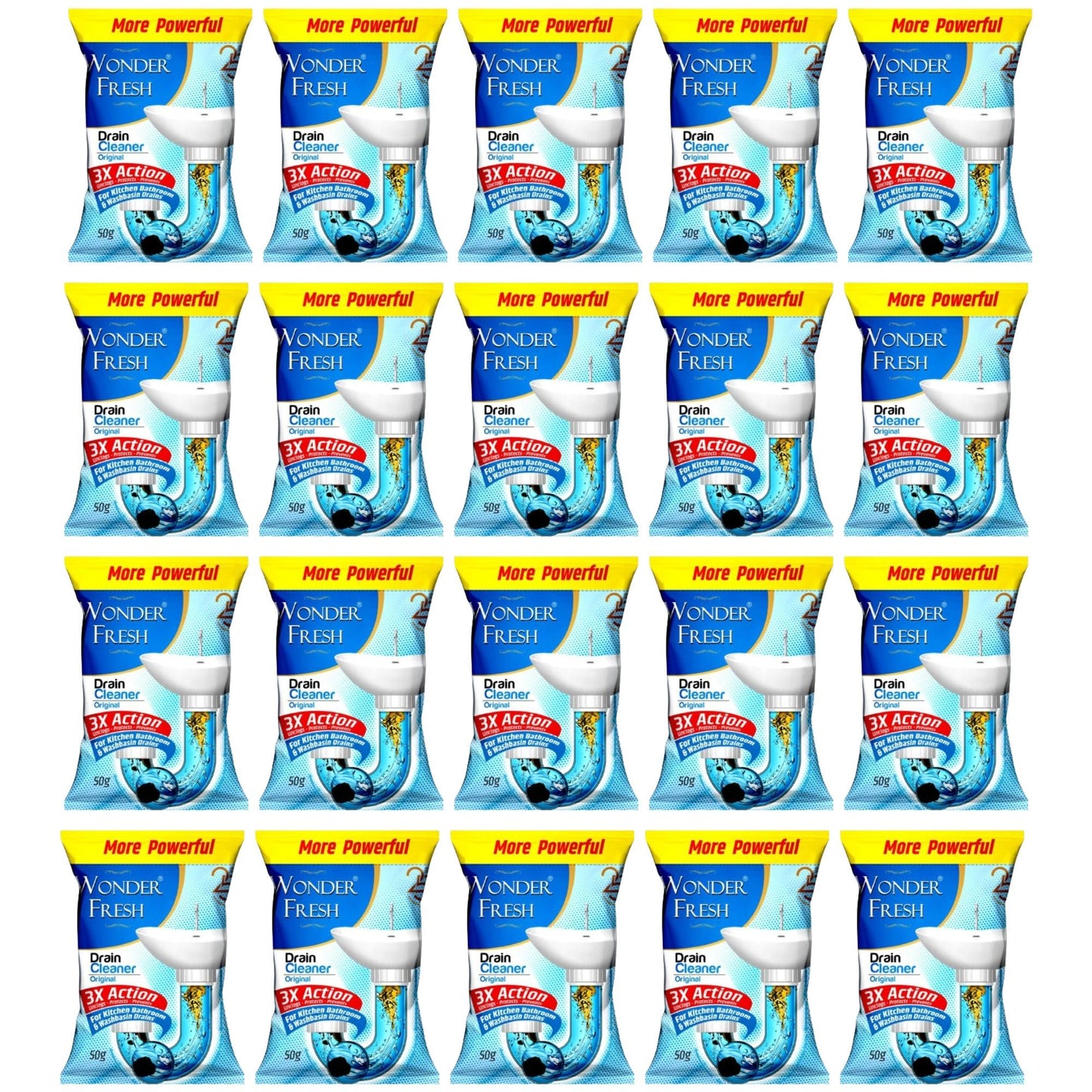 Wonder Fresh Drain Cleaner Powder | Effective Sink Cleaner | Drain Blockage Remover | Wash Basin & Toilet Cleaner | Removes Blockages in Pipes, Sinks & Septic Tanks | 50g (Pack of 20)